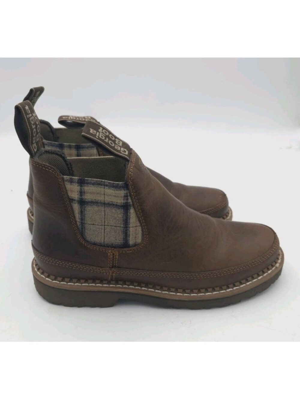 Georgia Boot Giant Womens Size 8 Brown Leather Chelsea  Plaid Slip On Boots